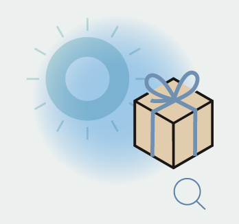 Illustration au trait d’un paquet cadeau pour une séance de cryothérapie + lumino avec une petite loupe en savoir plus
