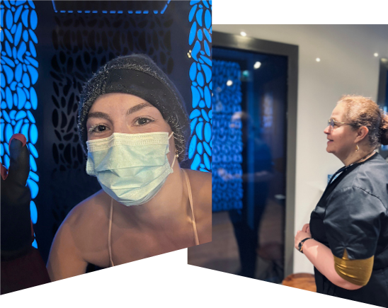 Visage d’une femme, équipée d’un bonnet, en séance de cryothérapie corps entier. En vis à vis, Séverine, l’infirmière qui surveille le bon déroulé de la séance.